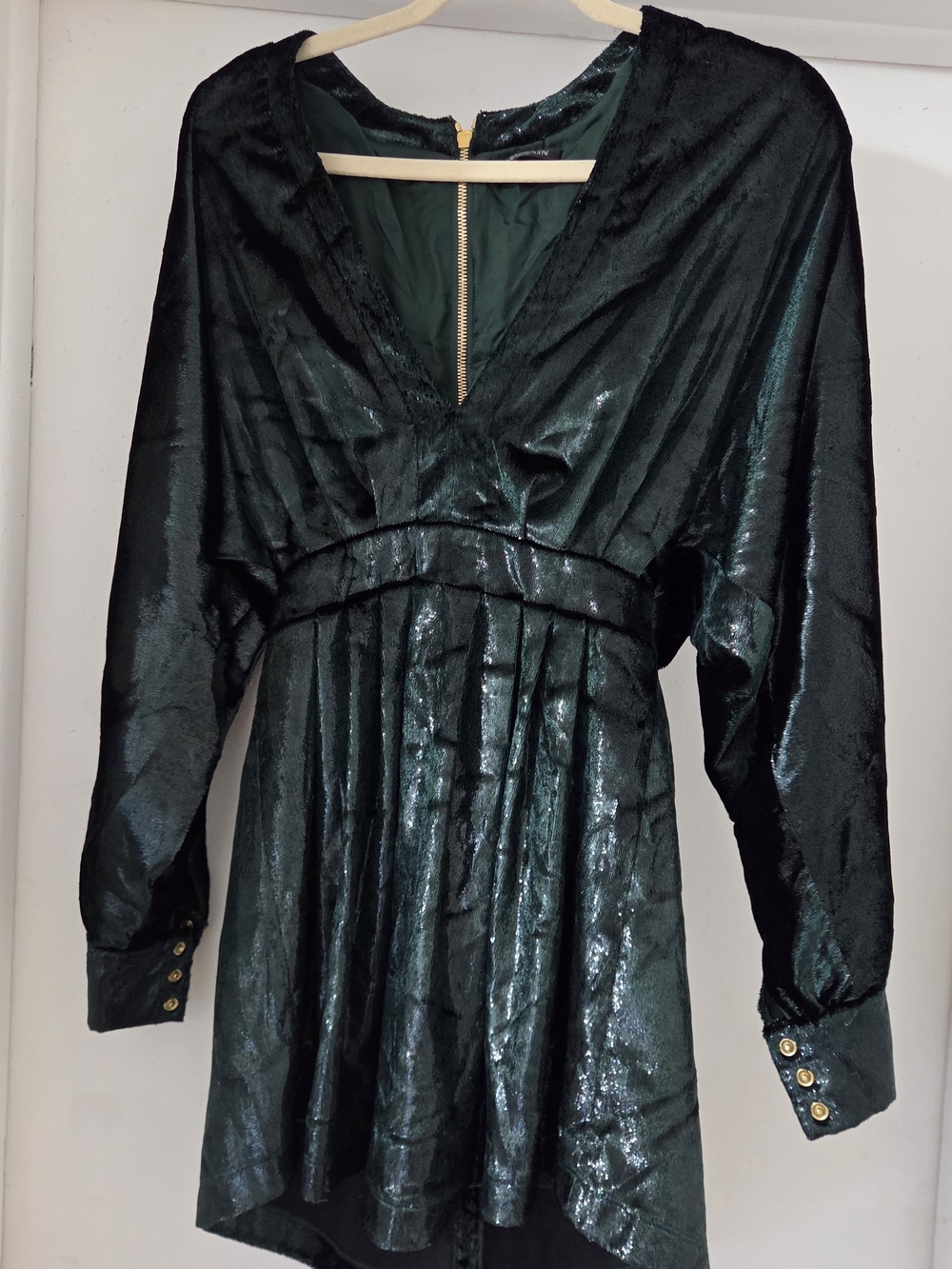 Balmain Emerald Green Long Sleeve V-Neck Shimmer Dress